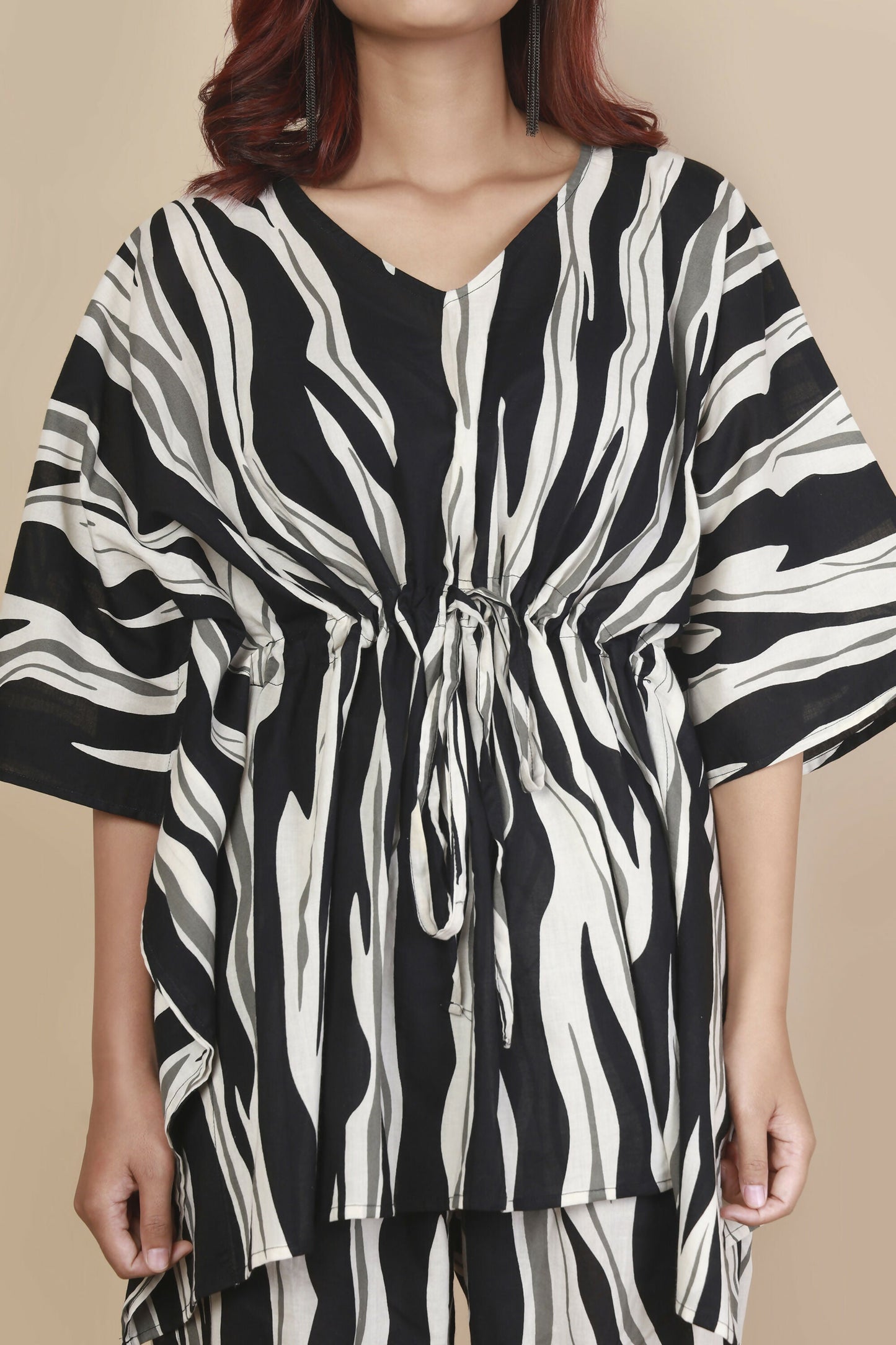 Breathables Women’S Loungewear Kaftan Cotton Black & White Abstract Print Co-Ord Set