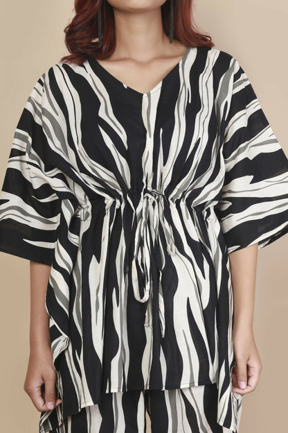 Breathables Women’S Loungewear Kaftan Cotton Black & White Abstract Print Co-Ord Set
