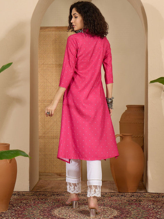 Sangria Women Pink Cotton V-neck Straight Kurta