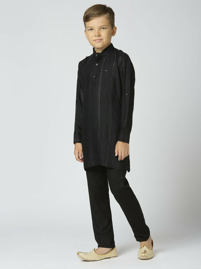 Joban Fashion Kids Island Full Sleeves Cotton Kurta and Pyjama Set with Strip - Black
