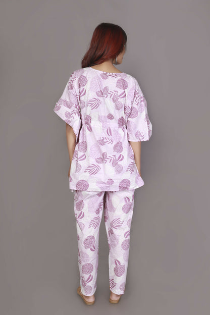 Breathables Women’S Loungewear Kaftan Cotton Pink Nature-Inspired Print Co-Ord Set