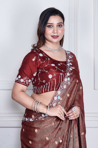 Morchari Brown Pure Chiffon Hand Embroidery Saree And Stitched Blouse