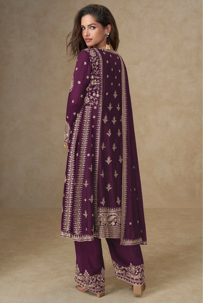 Anaita Dark Purple Chinon Silk Stitched Suit with Embroidery & Sequence Work