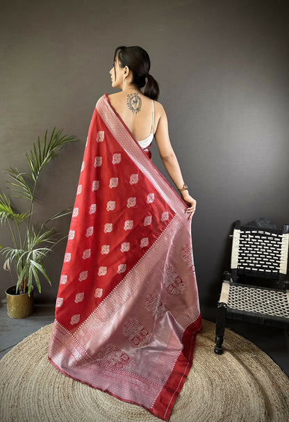 Joban Fashion Maroon Floral Motifs Soft Silk Banarasi Saree