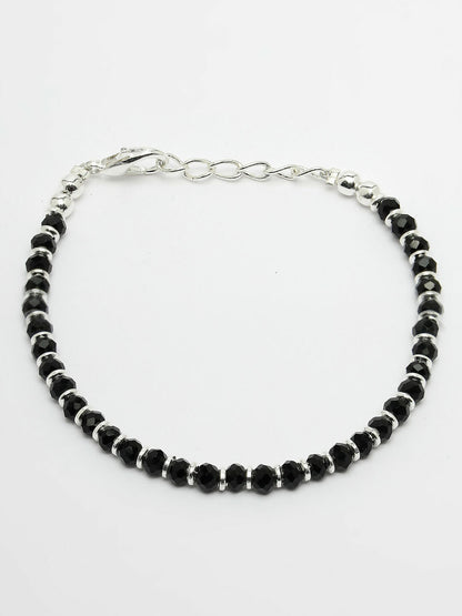NVR Women Silver Plated Black Beaded Adjustable Rakhi With Roli Chawal