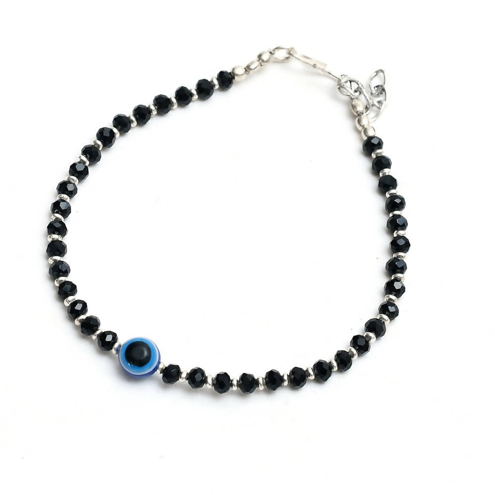 Mominos Fashion Kamal Johar Nazariya Silver With Black Crystals Anklets