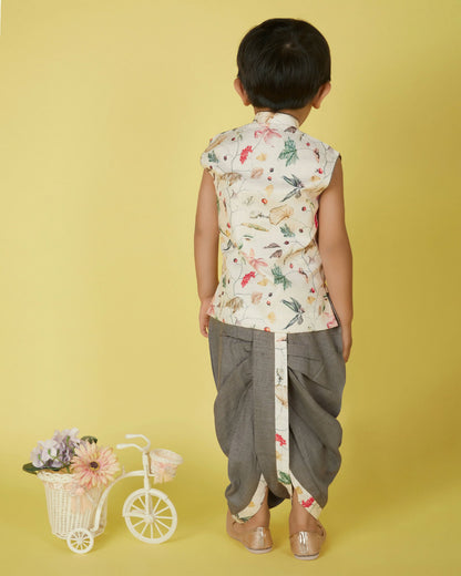 Joban Fashion Kids Island Cotton Sleeveless printed Kurta and Solid Dhoti - Cream