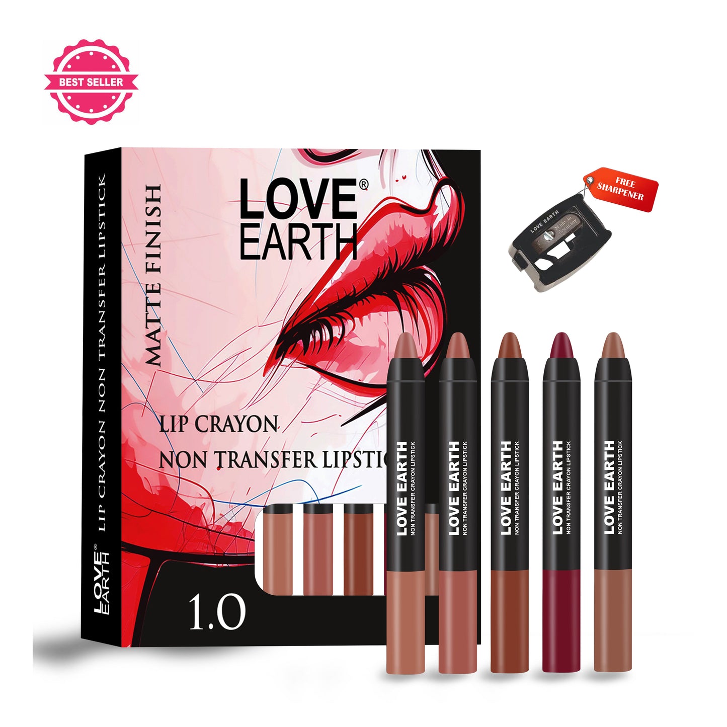 Love Earth Lip Crayon Non-Transfer Lipstick 1.O And Sharpener