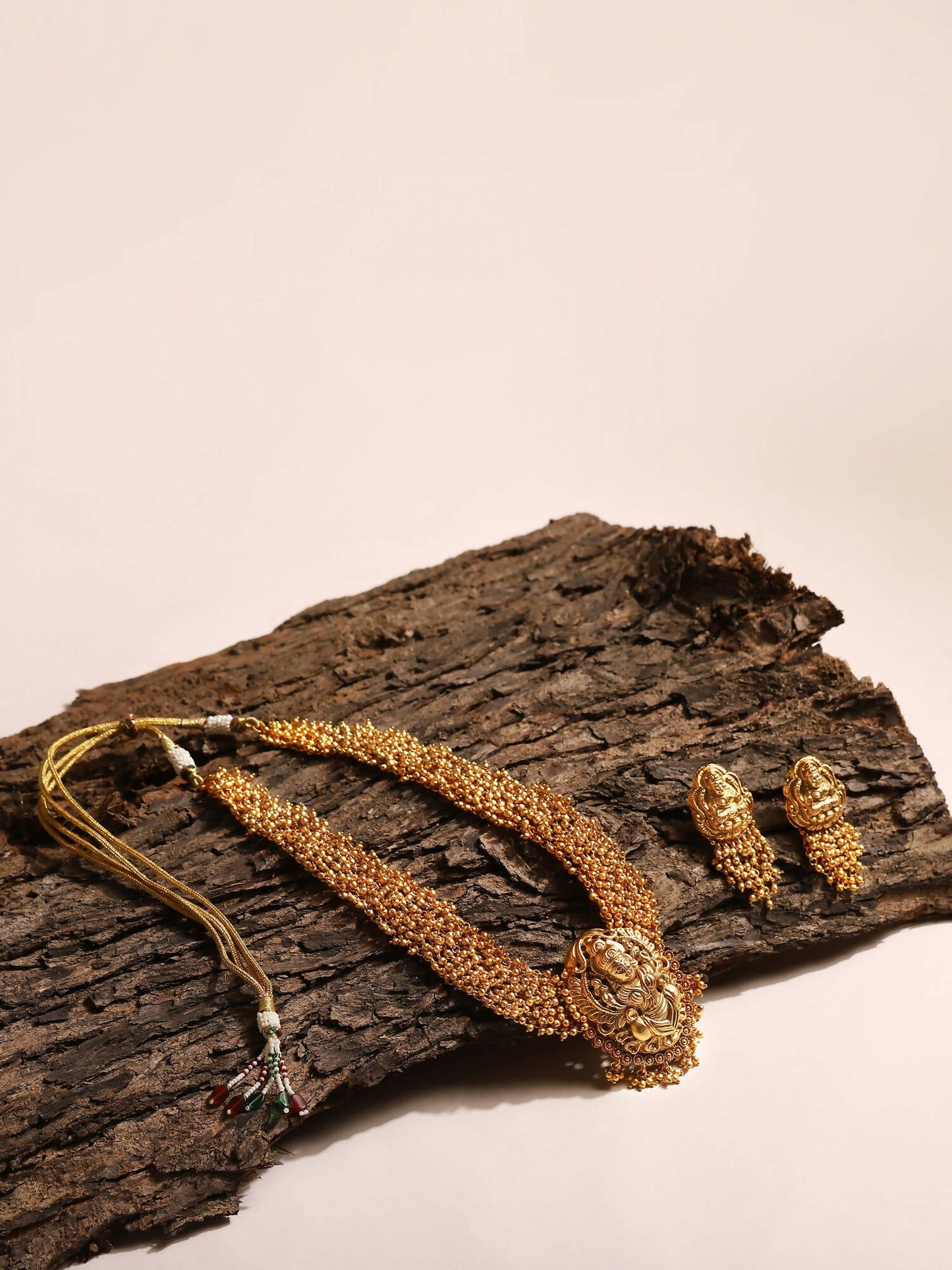 Gold-Polished Pearls Beaded Temple Jewellery Set - Ruby Raang