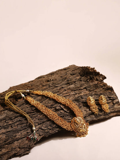 Gold-Polished Pearls Beaded Temple Jewellery Set - Ruby Raang