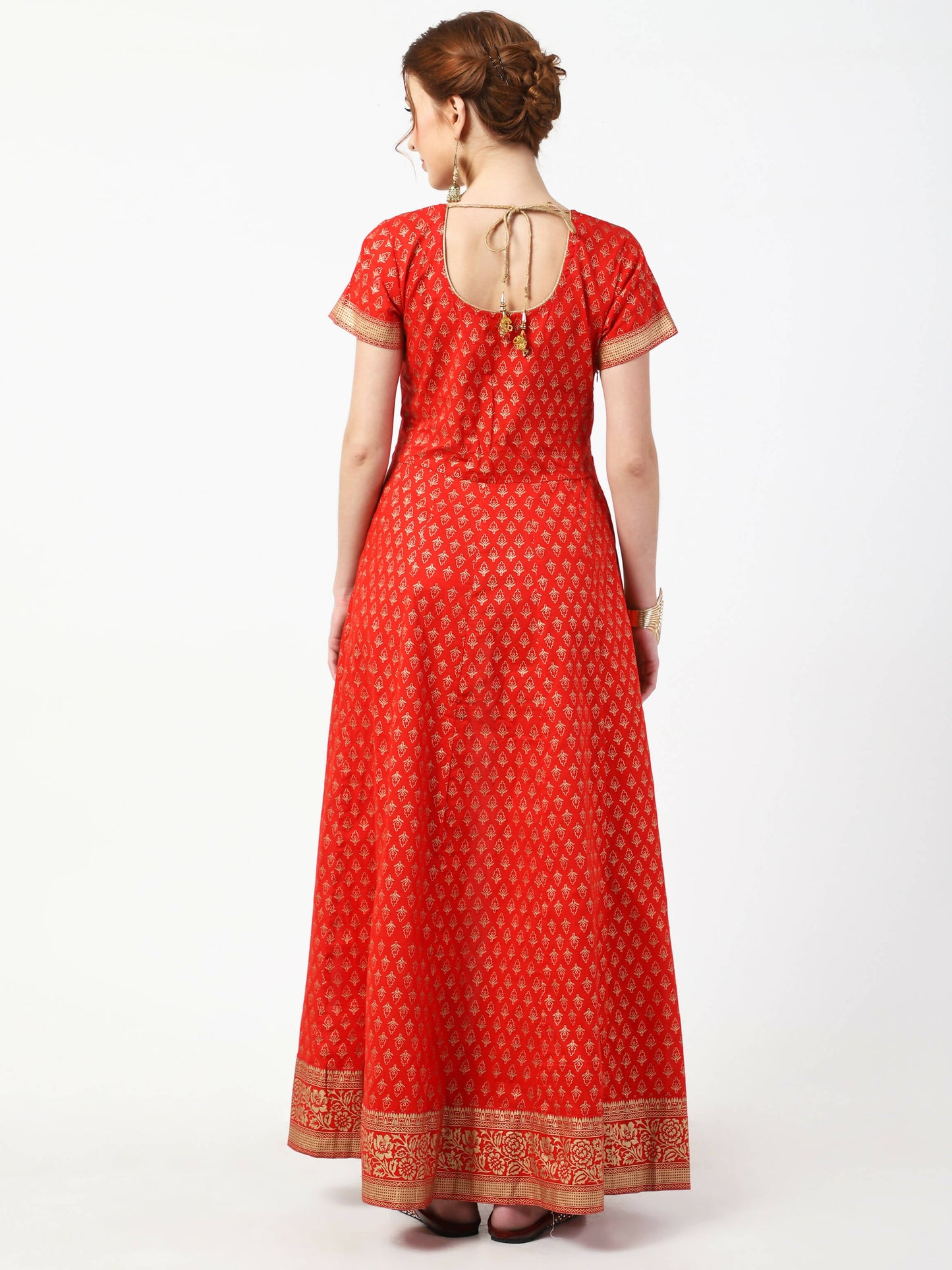 Cheera Women's Red Cotton Hand Block Print Long Dress With Silk Dupatta Set