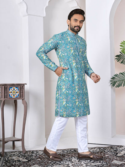 Anaita Blue Digital Printed Work Cotton Straight Kurta