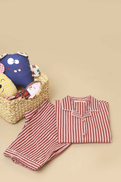 Breathables Kids Cotton Night Suit – Red & White Striped Shirt & Pyjama Co-Ord Set For Boys & Girls