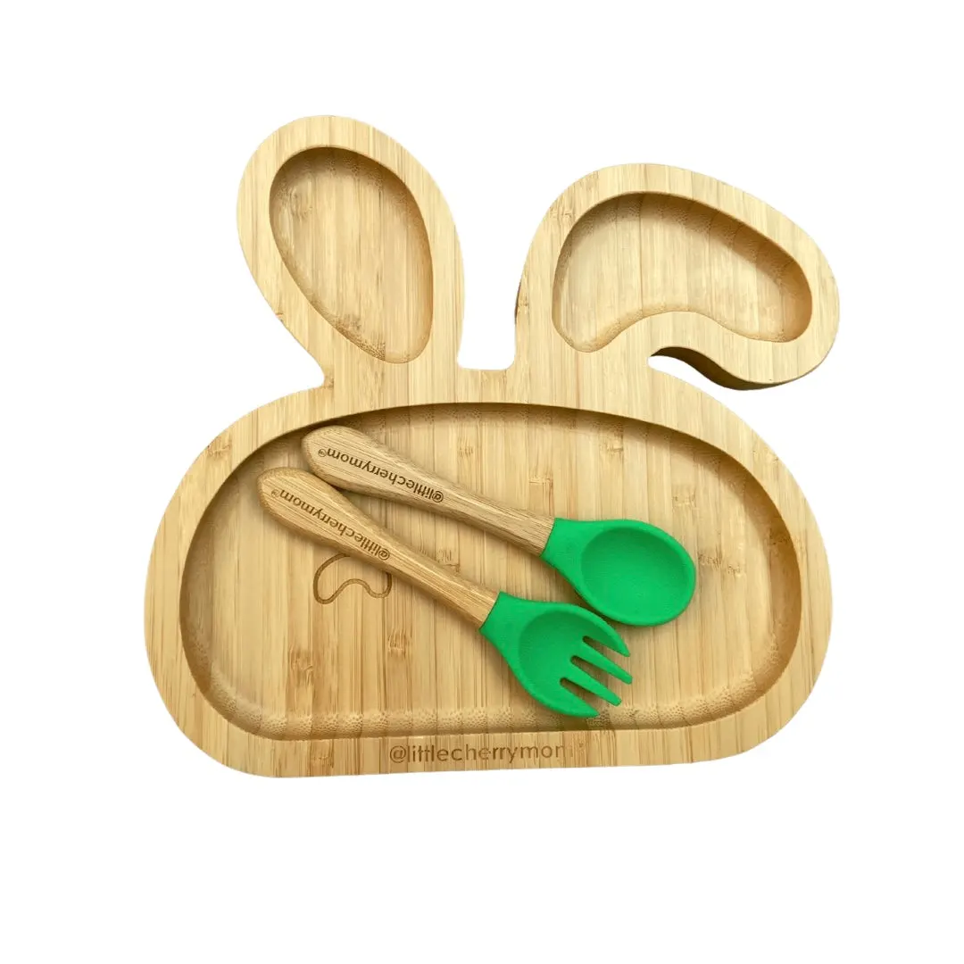 Littlecherrymom Bunny Bamboo Suction Plate (With Fork And Spoon)