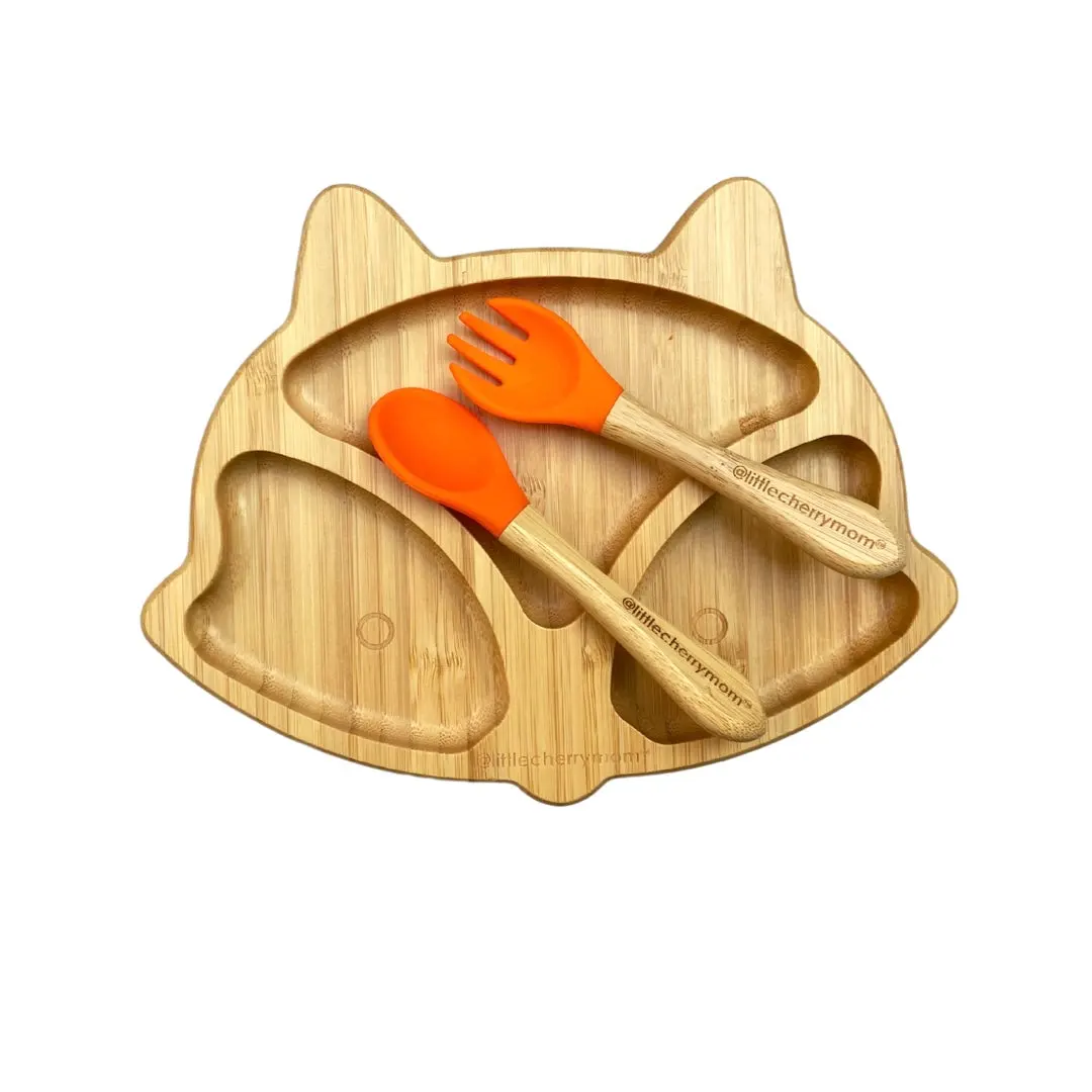 Littlecherrymom Fox Bamboo Suction Plate (With Fork And Spoon)
