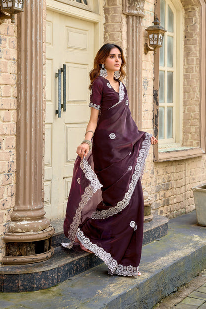 Vastranavya Wine Embroidery Work Shimmer Chiffon Saree with Unstitched Blouse