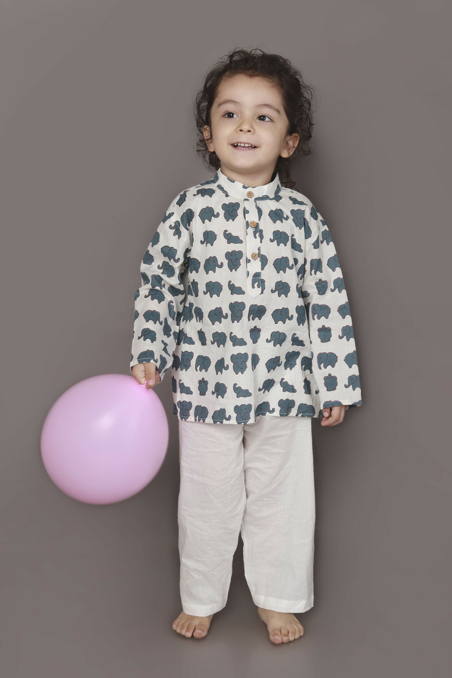 Breathables Kids Cotton Night Suit – White Elephant Print Kurta & Pyjama Co-Ord Set For Boys & Girls