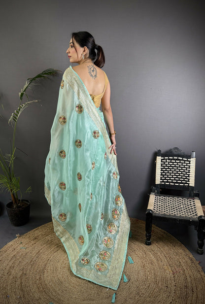 Joban Fashion Sky Blue Handloom Banarasi Organza Silk Khatali Butta Work Saree
