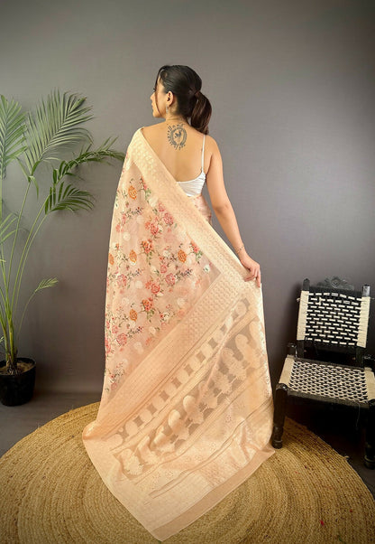 Joban Fashion Beige Floral Motifs Banarasi Silk Sarees