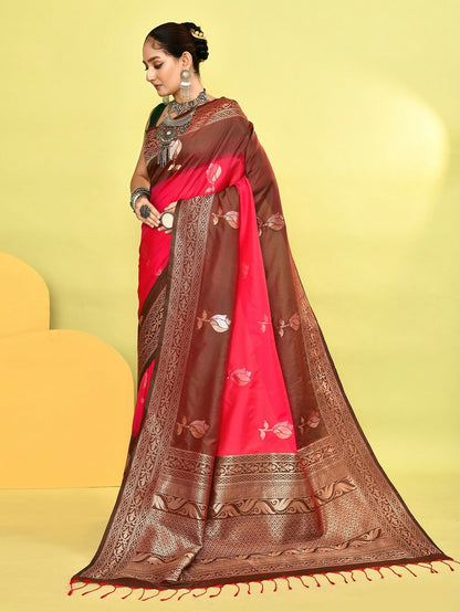 Joban Fashion Rani Pink & Bottle Green Plain With Weaving Border Banarasi Silk Sarees