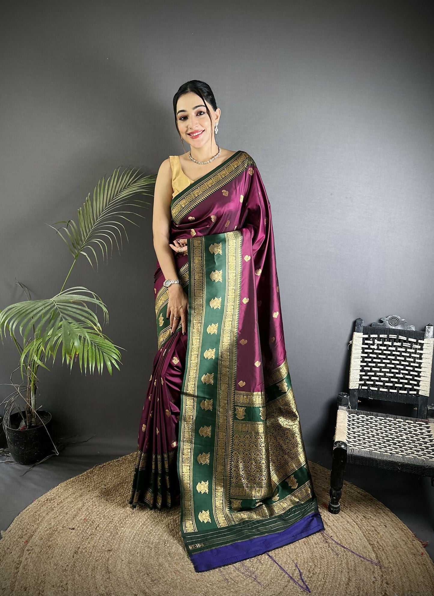 Joban Fashion Wine Banarasi Soft Silk Woven Butti Saree