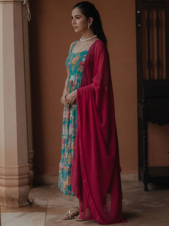 Anayna Women Floral Printed Tiered Kurta with Trousers & With Dupatta