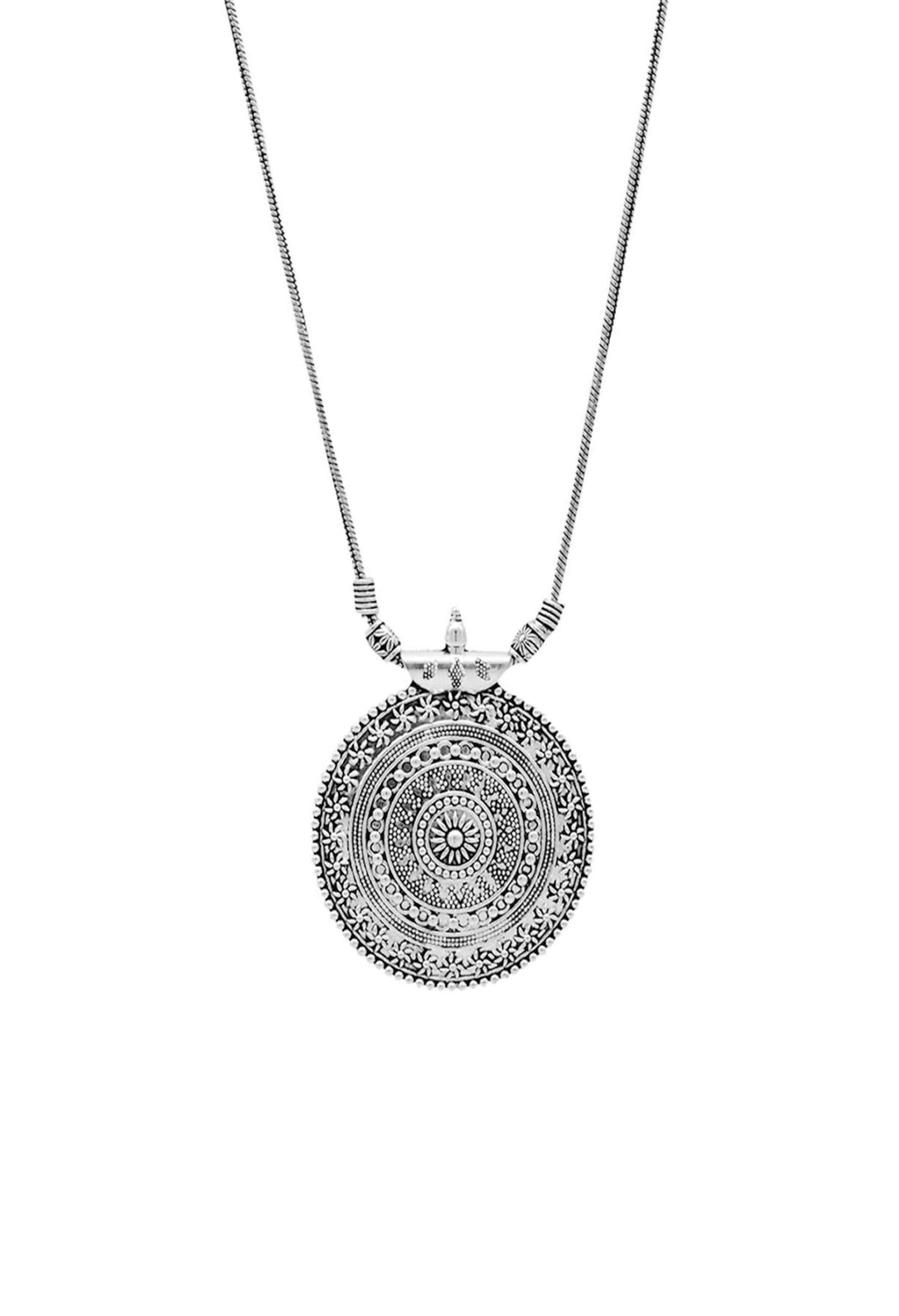 Mominos Fashion Johar Kamal Oxidised Silver-Plated Long Chain with Pendant & Studs For Women