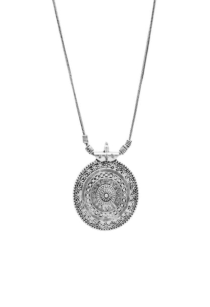 Mominos Fashion Johar Kamal Oxidised Silver-Plated Long Chain with Pendant & Studs For Women