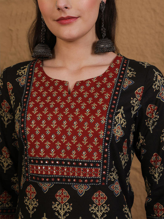 Sangria Women Ethnic Motifs Printed Sequinned Pure Cotton Kurta Set With Dupatta