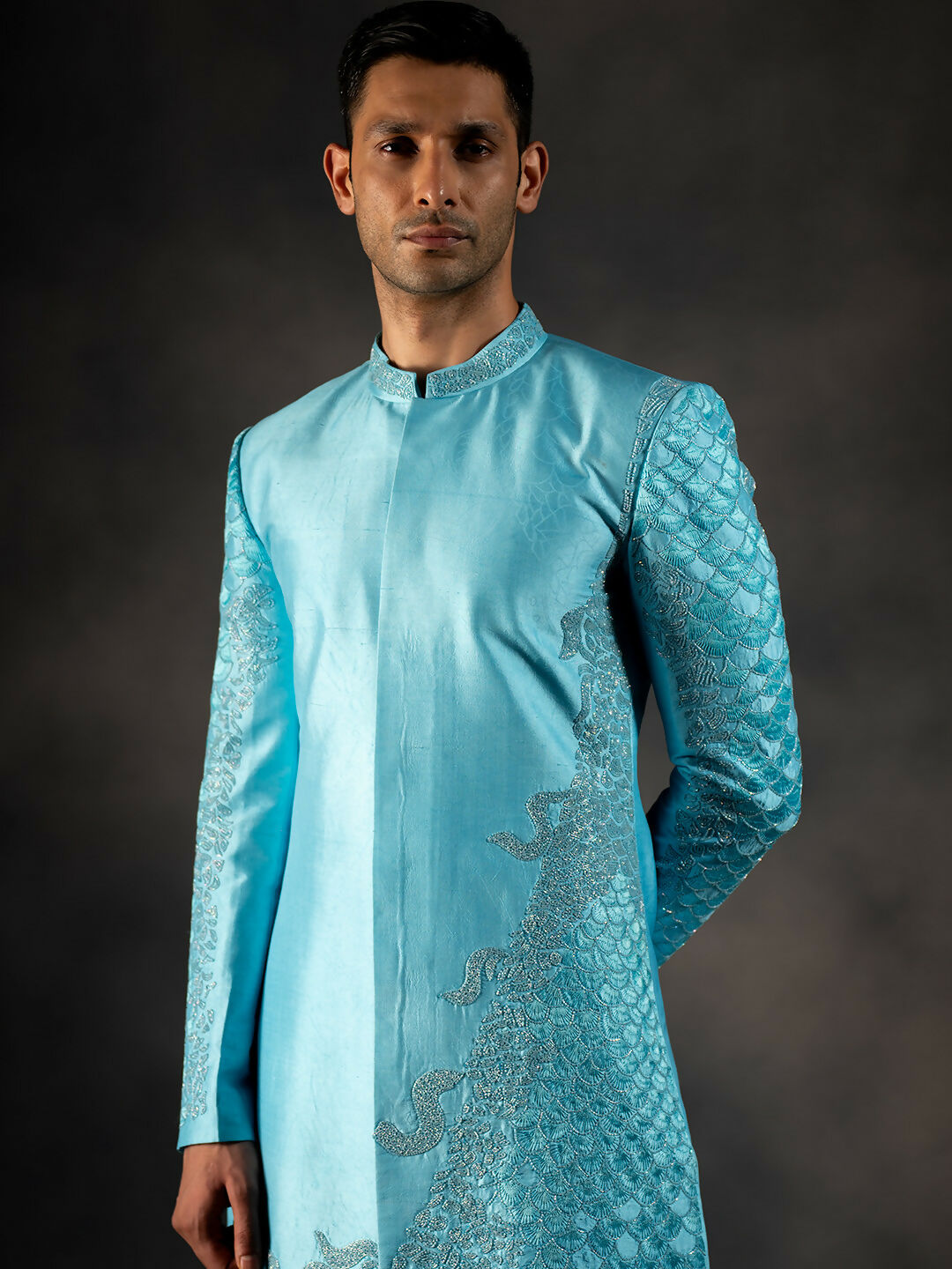 Sky Blue Hand Embroidered Indowestern Sherwani by Hilo Design