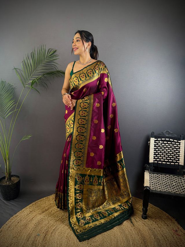 Elora Burgundy Soft Silk Butti Zari Weaving Constrast Pallu Banarasi Saree