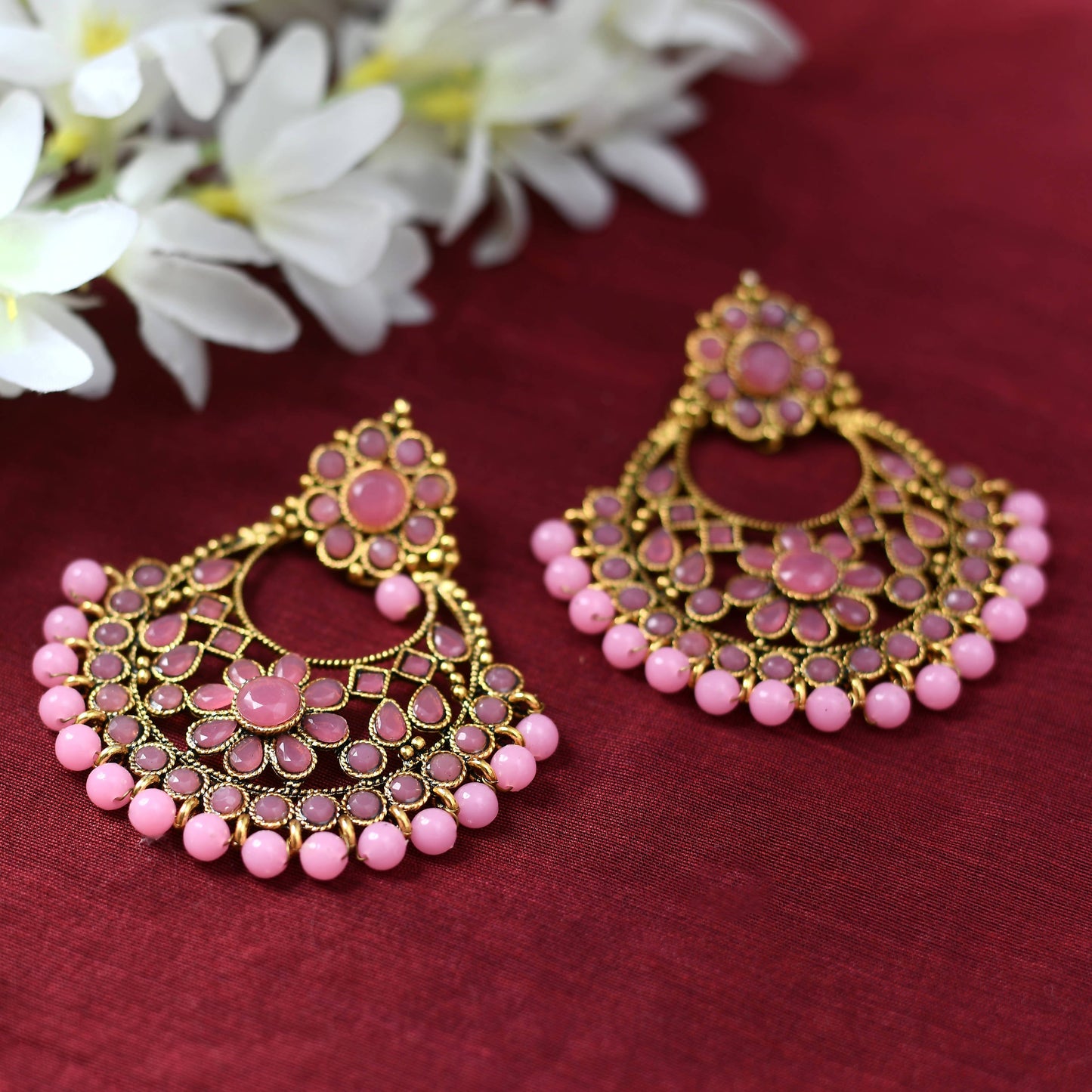 Mominos Fashion Johar Kamal Golden And Pink Beaded Earrings