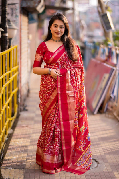Red Cotton Blend Ethnic Motifs Saree with Unstitched Blouse - A2M