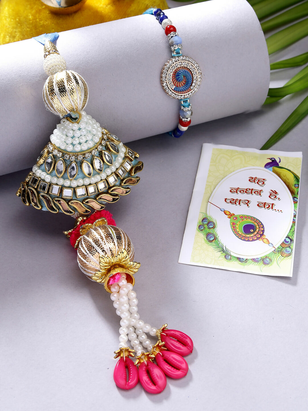 NVR Women & Men Set of 2 Blue Kundan-Studded & Beaded Bhaiya Bhabhi Rakhi With Roli Chawal