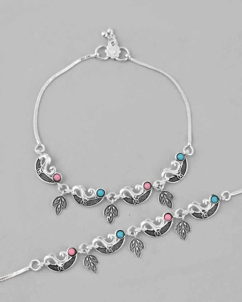 VOJ Set of 2 Silver Plated Stainless Steel Multi Color Anklet