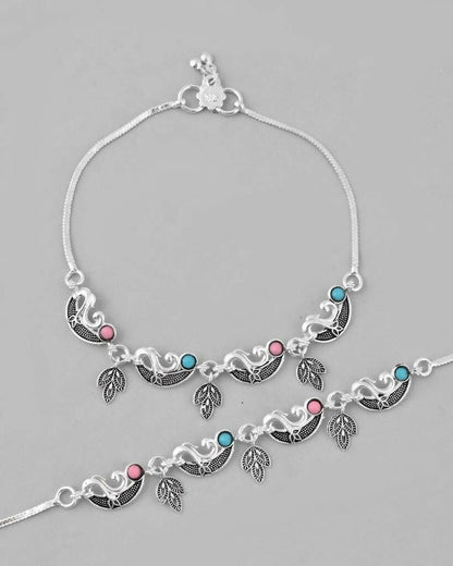 VOJ Set of 2 Silver Plated Stainless Steel Multi Color Anklet