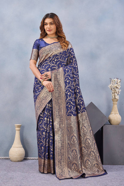 Divine International Trading Co Blue Soft Silk Blend Banarasi Jacuard Work Designer Party Wear Saree With Unstitched Blouse Piece