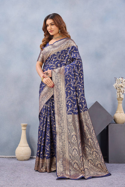 Divine International Trading Co Blue Soft Silk Blend Banarasi Jacuard Work Designer Party Wear Saree With Unstitched Blouse Piece