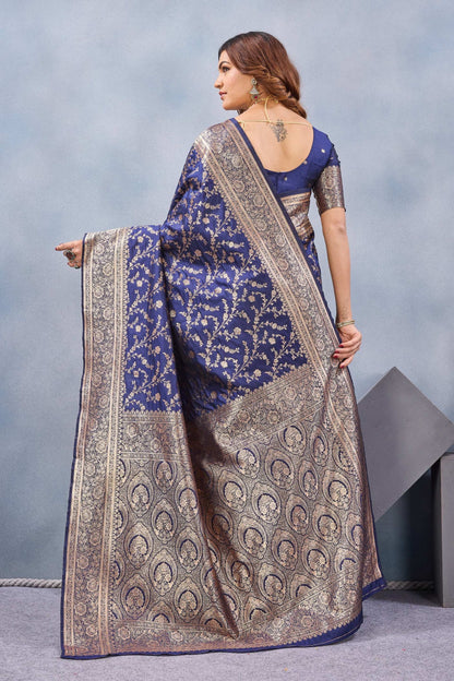 Divine International Trading Co Blue Soft Silk Blend Banarasi Jacuard Work Designer Party Wear Saree With Unstitched Blouse Piece