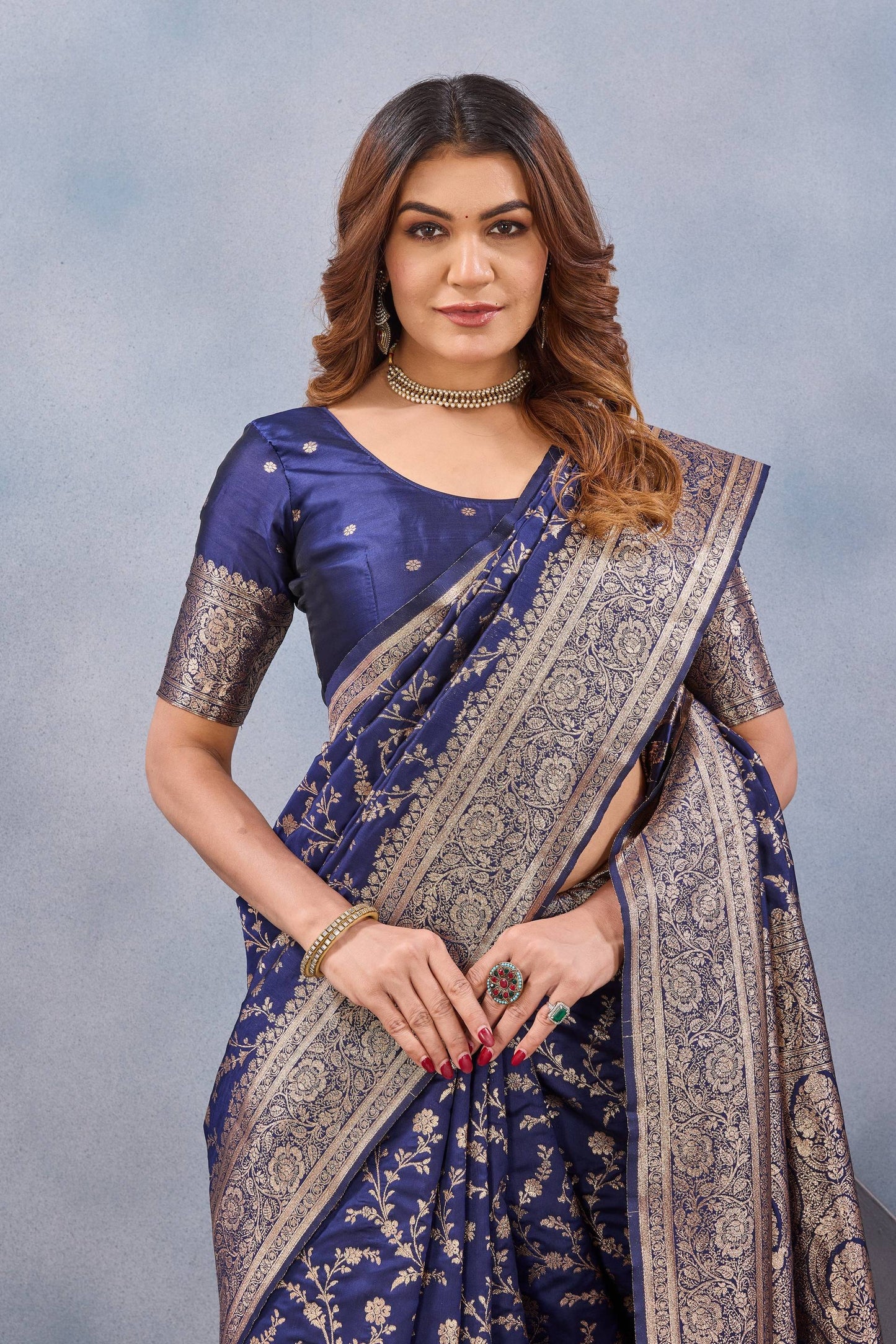Divine International Trading Co Blue Soft Silk Blend Banarasi Jacuard Work Designer Party Wear Saree With Unstitched Blouse Piece
