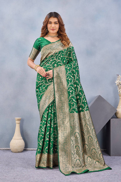 Divine International Trading Co Green Soft Silk Blend Banarasi Jacuard Work Designer Party Wear Saree With Unstitched Blouse Piece