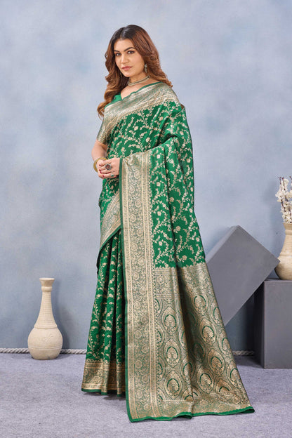 Divine International Trading Co Green Soft Silk Blend Banarasi Jacuard Work Designer Party Wear Saree With Unstitched Blouse Piece