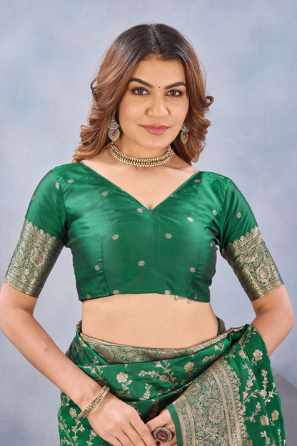 Divine International Trading Co Green Soft Silk Blend Banarasi Jacuard Work Designer Party Wear Saree With Unstitched Blouse Piece