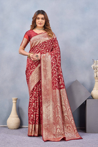 Divine International Trading Co Red Soft Silk Blend Banarasi Jacuard Work Designer Party Wear Saree With Unstitched Blouse Piece