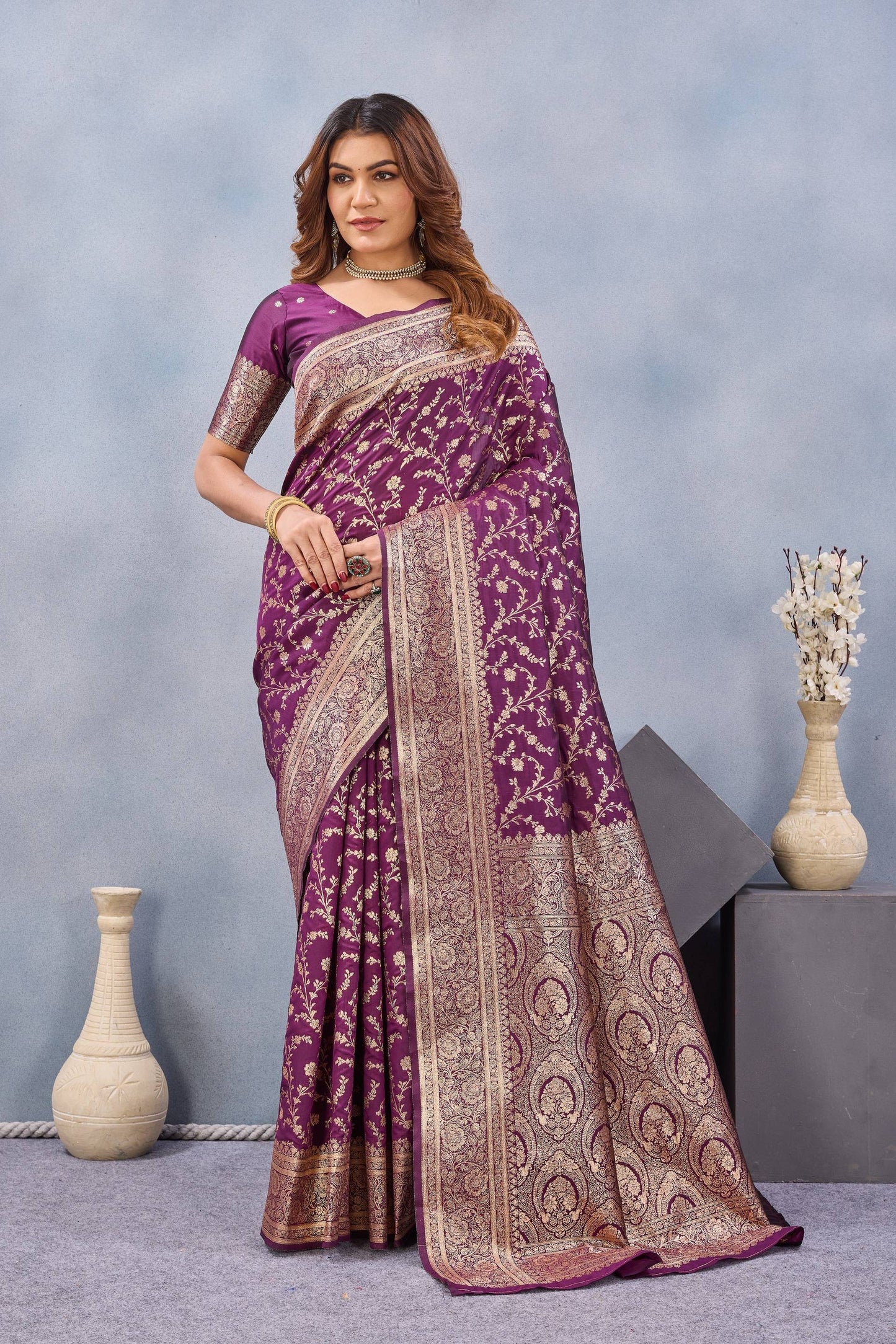 Divine International Trading Co Wine Soft Silk Blend Banarasi Jacuard Work Designer Party Wear Saree With Unstitched Blouse Piece