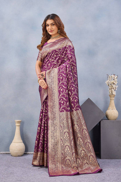 Divine International Trading Co Wine Soft Silk Blend Banarasi Jacuard Work Designer Party Wear Saree With Unstitched Blouse Piece