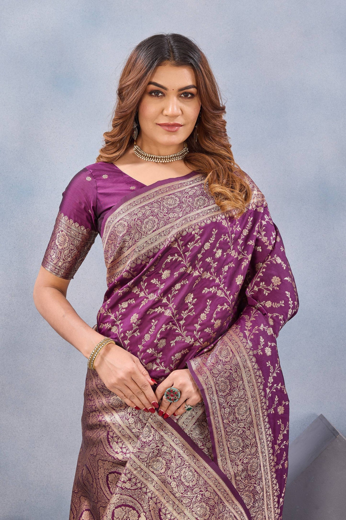 Divine International Trading Co Wine Soft Silk Blend Banarasi Jacuard Work Designer Party Wear Saree With Unstitched Blouse Piece