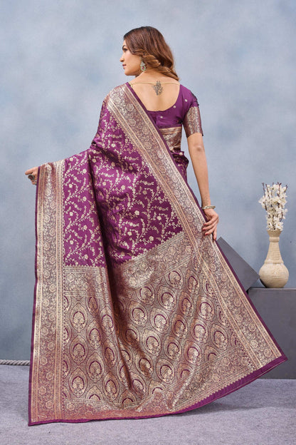 Divine International Trading Co Wine Soft Silk Blend Banarasi Jacuard Work Designer Party Wear Saree With Unstitched Blouse Piece
