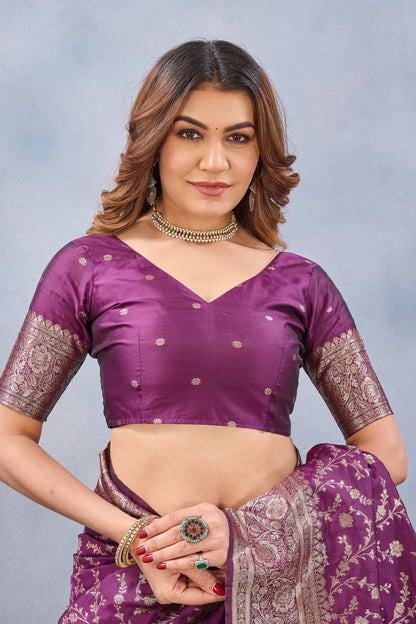 Divine International Trading Co Wine Soft Silk Blend Banarasi Jacuard Work Designer Party Wear Saree With Unstitched Blouse Piece