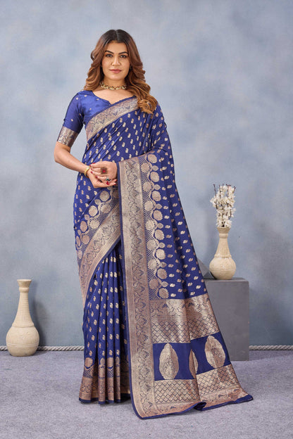 Divine International Trading Co Blue Soft Silk Blend Banarasi Jacuard Work Designer Party Wear Saree With Unstitched Blouse Piece